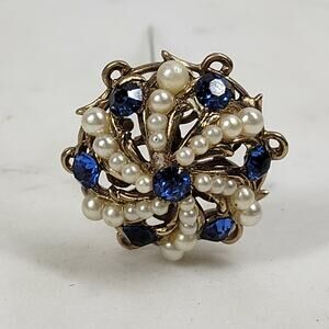 Antique Rhinestone Seed Pearl Hat Pin 4" Metallic Blue Golden Flower Lapel Stick